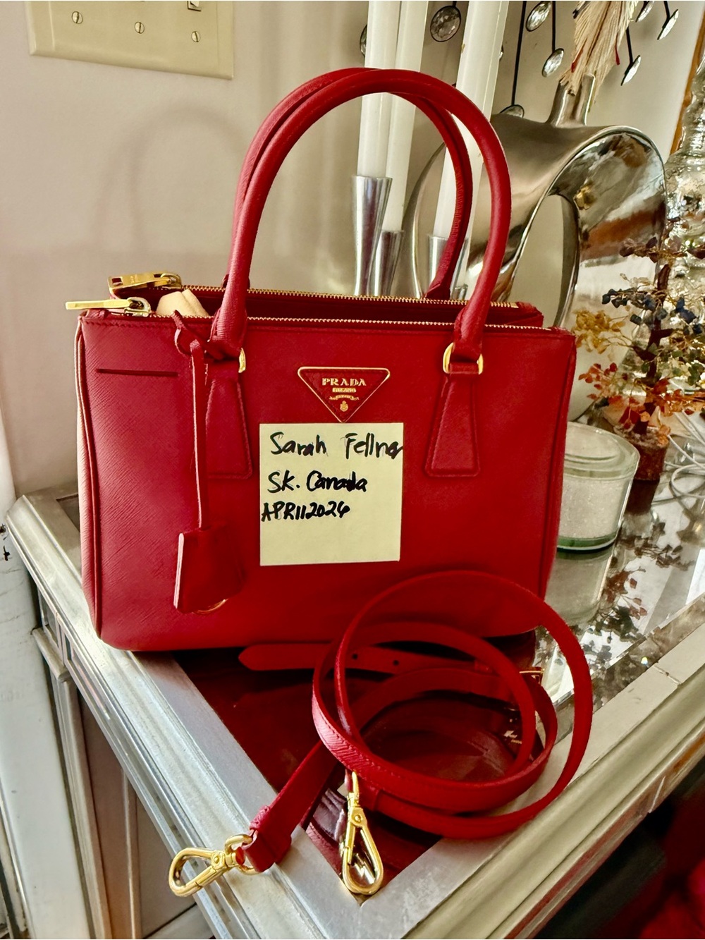 Prada Red Saffiano Leather Top-Handle Satchel with Detachable Strap